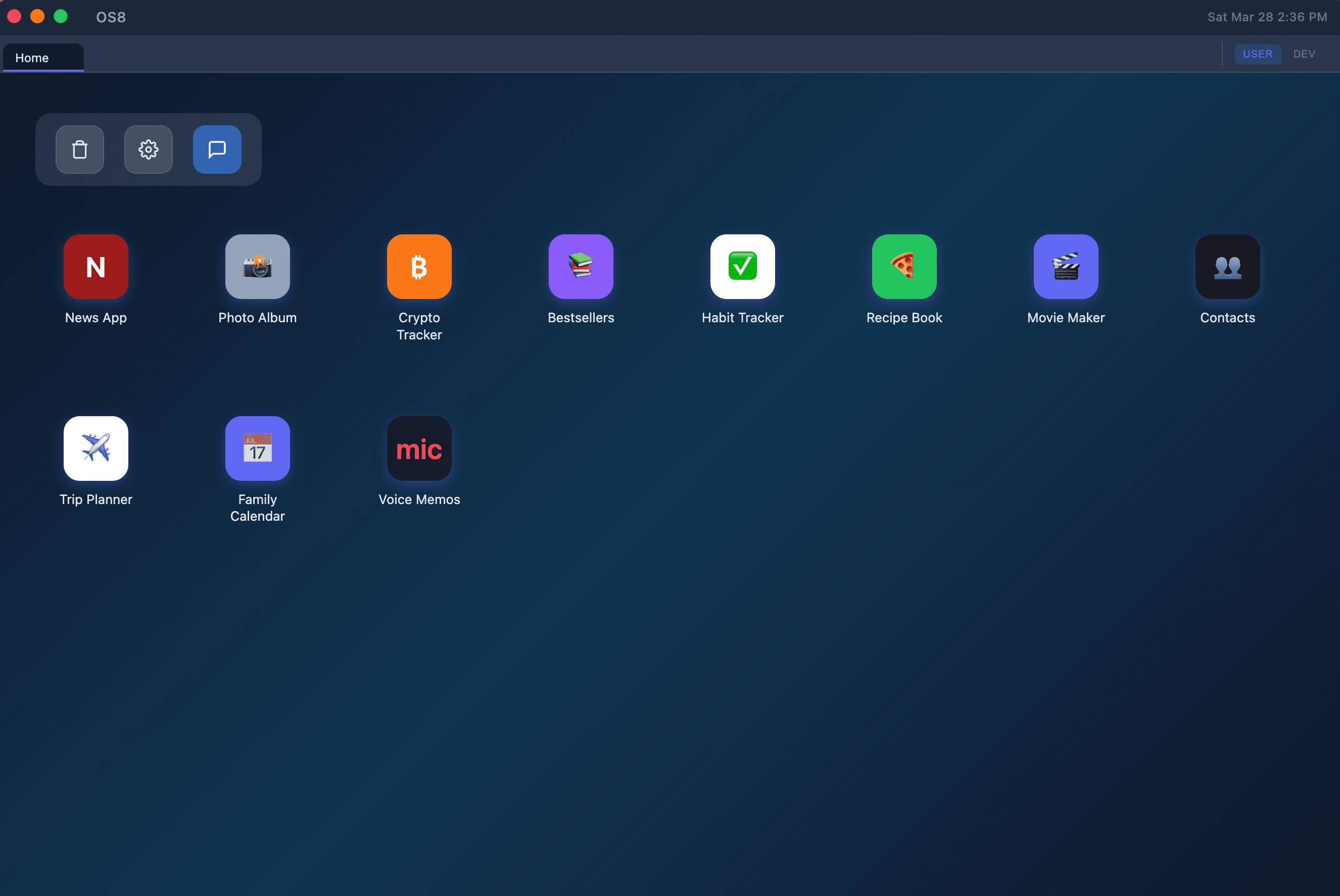 OS8 desktop home screen showing app icons on a mystical monolith landscape