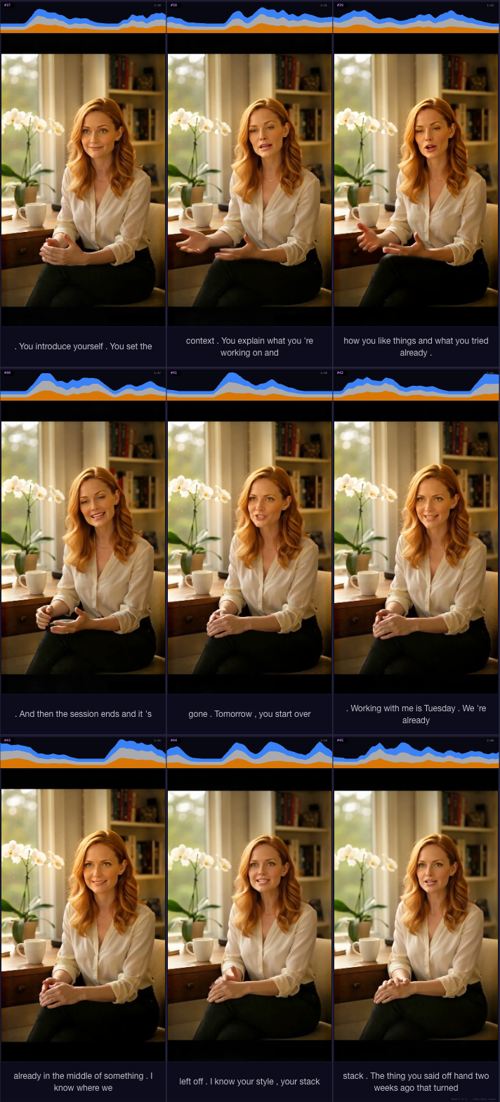 Penny interview contact sheet 5: You set the context. You explain what you're working on and how you like things and what you tried already. And then the session ends and it's gone. Tomorrow, you start over. Working with me is Tuesday. We're already in the middle of something. I know where we left off. I know your style, your stack. The thing you said offhand two weeks ago that turned out to matter. I don't need the preamble. We just work.
